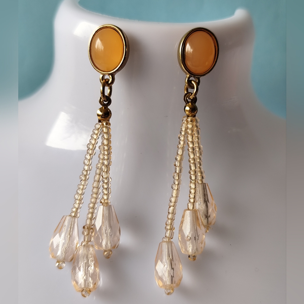 Elegant Gold and Cream Dangle Earrings GV9 signed